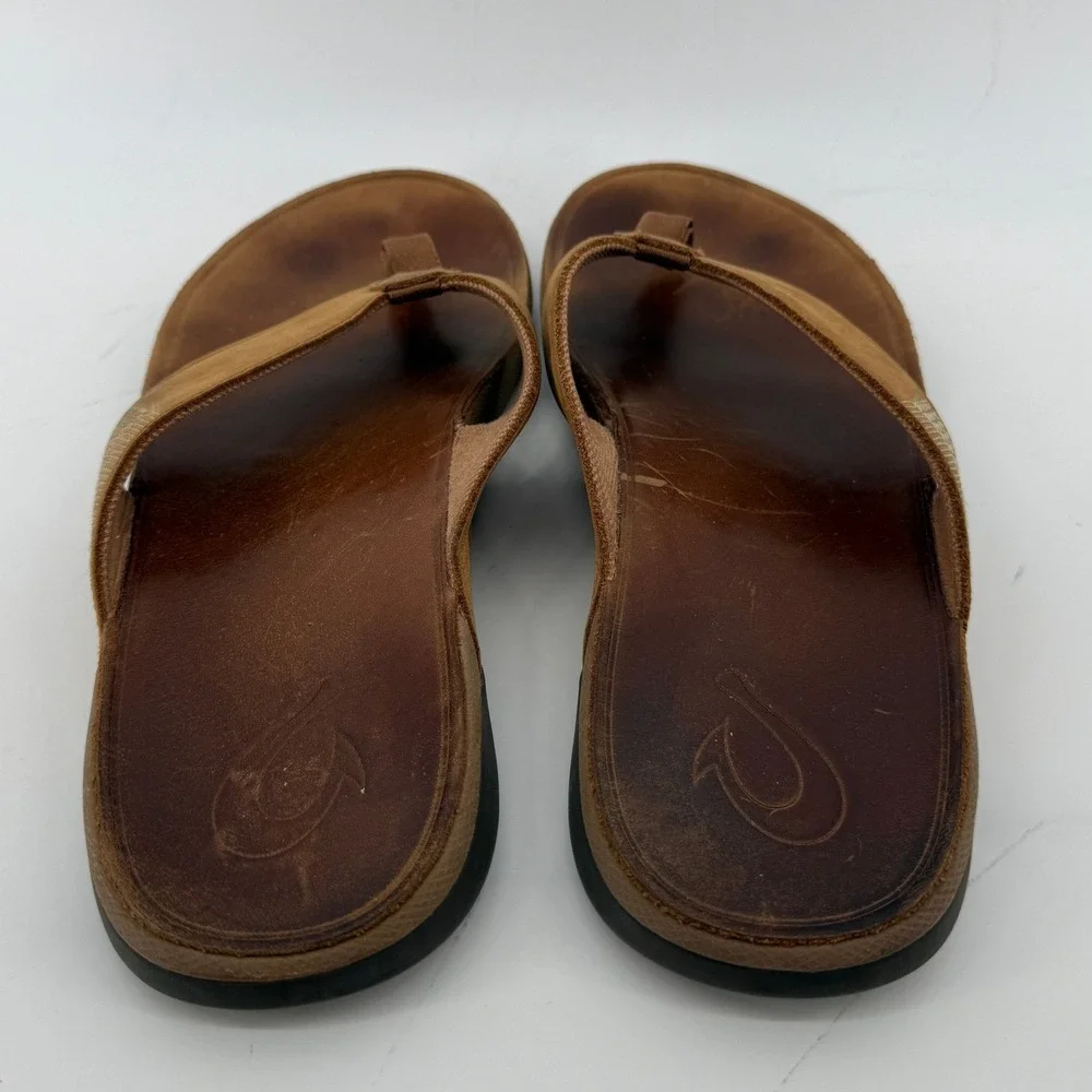OluKai Tuahine Waterproof Leather Flip Flop Sandals Brown Men 13 Comfort Casual